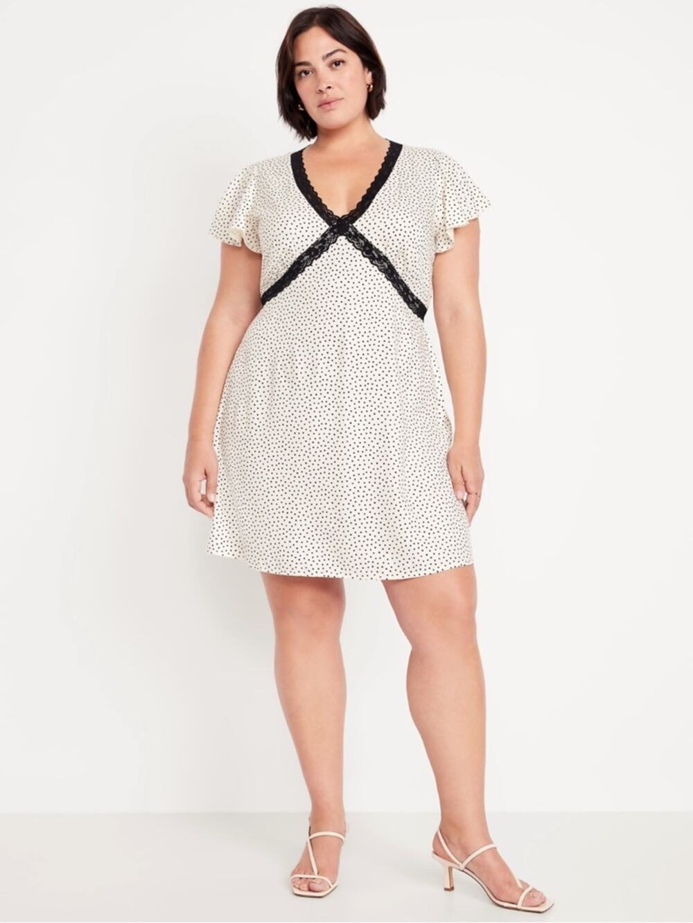 Old Navy black dot Fit & Flare Crepe Lace-Trim mini dress